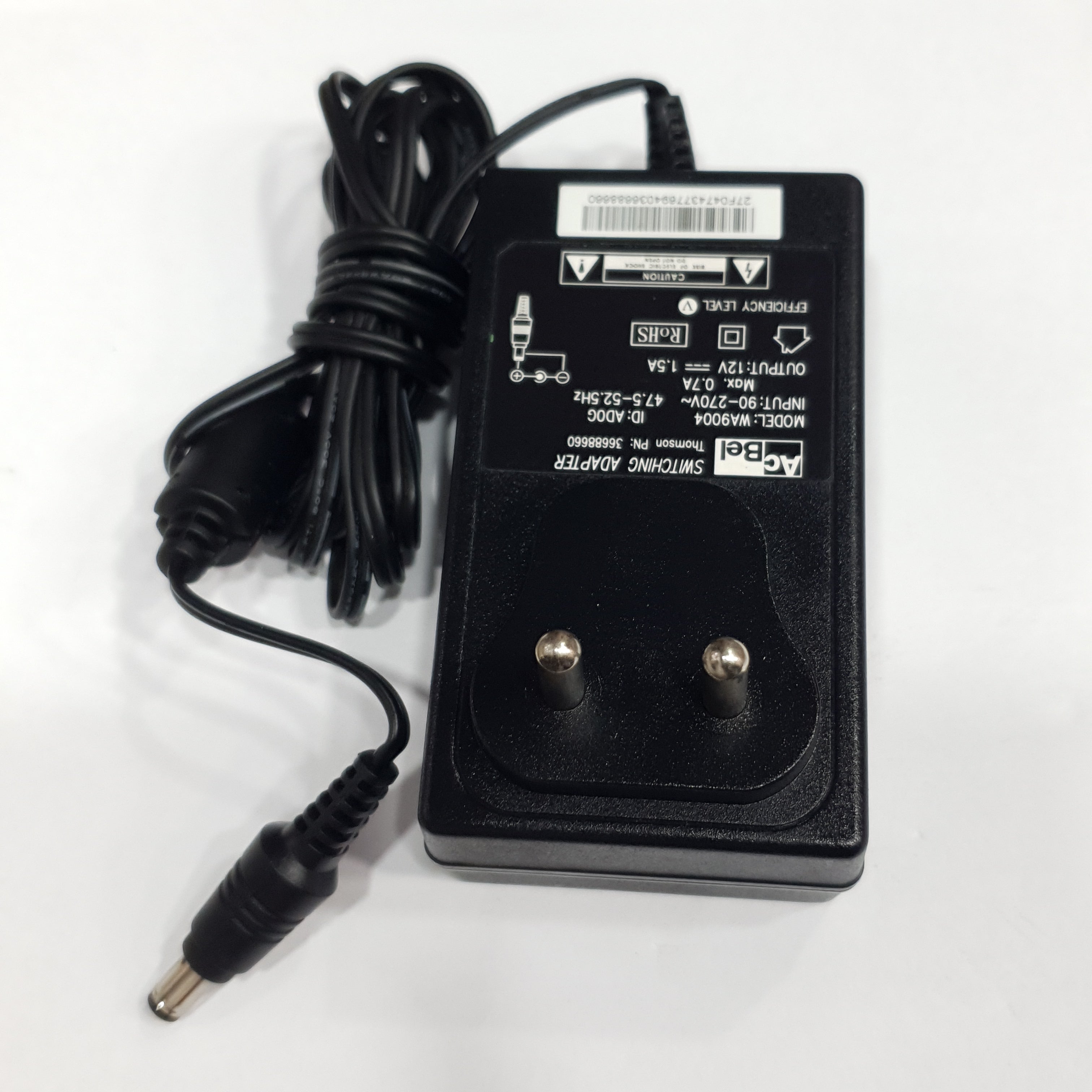ACBEL AC-DC ADAPTOR (MODEL WA9004) AC INPUT: 90-270V DC OUTPUT: 12V 1.5A WITH 5.5MM X 2.5MM BARREL PIN