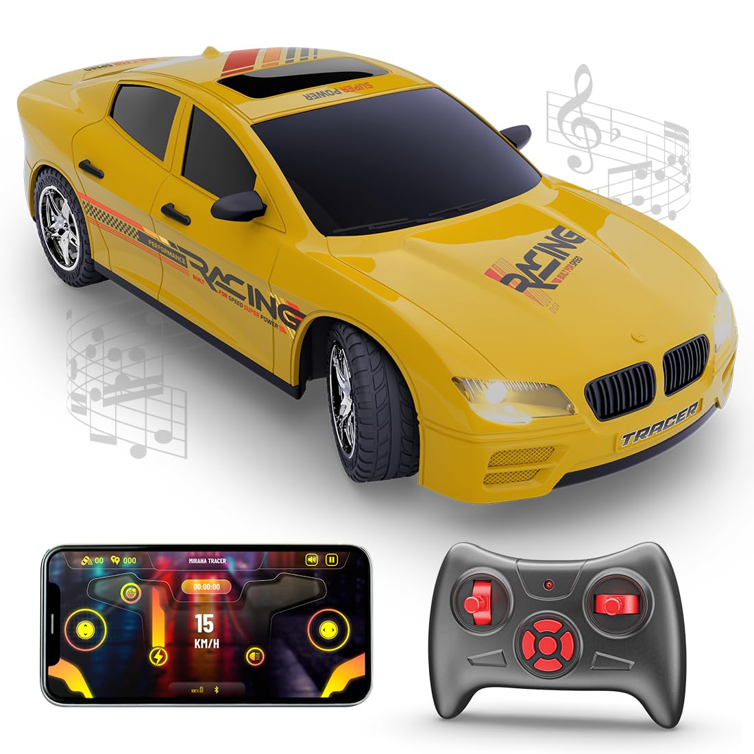 MIRANA TRACER APP AND REMOTE CONTROL CAR - 1.5X POWERFUL NITRO, AR GAME, ANTI SKID TYRE, LUMINOUS HEADLIGHTS, 1200 MAH LI-ION RECHARGEABLE BATTERY ( YELLOW )
