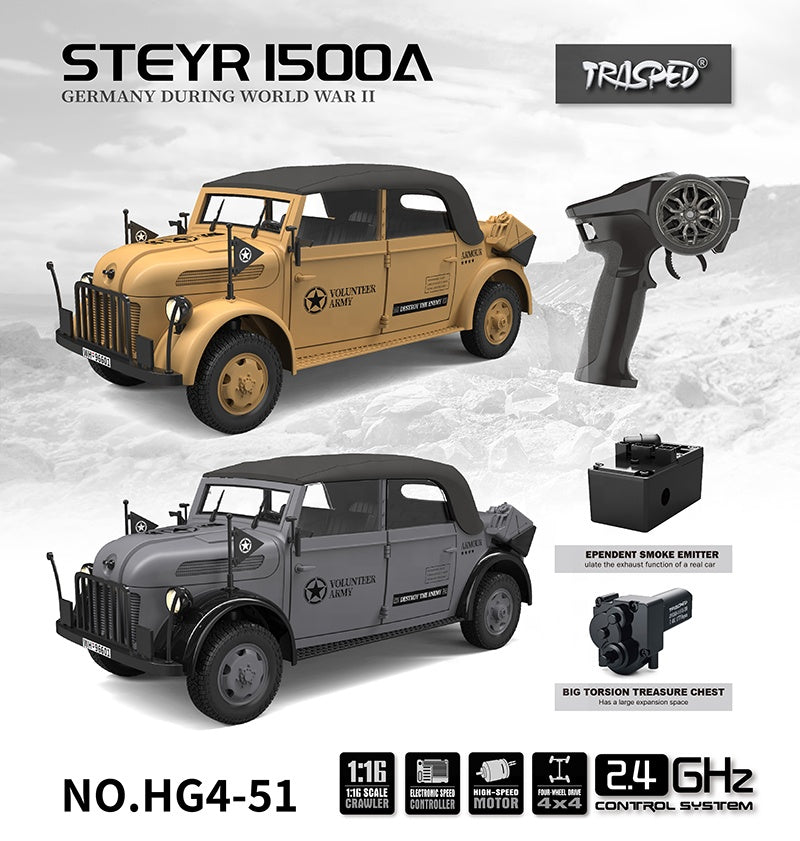 STEYR 1500A HG4-51 PRO RC MILITARY CAR 1:18 GERMAN MILITARY COMMAND VEHICLE 2.4G 4WD RTR DARK ARMY