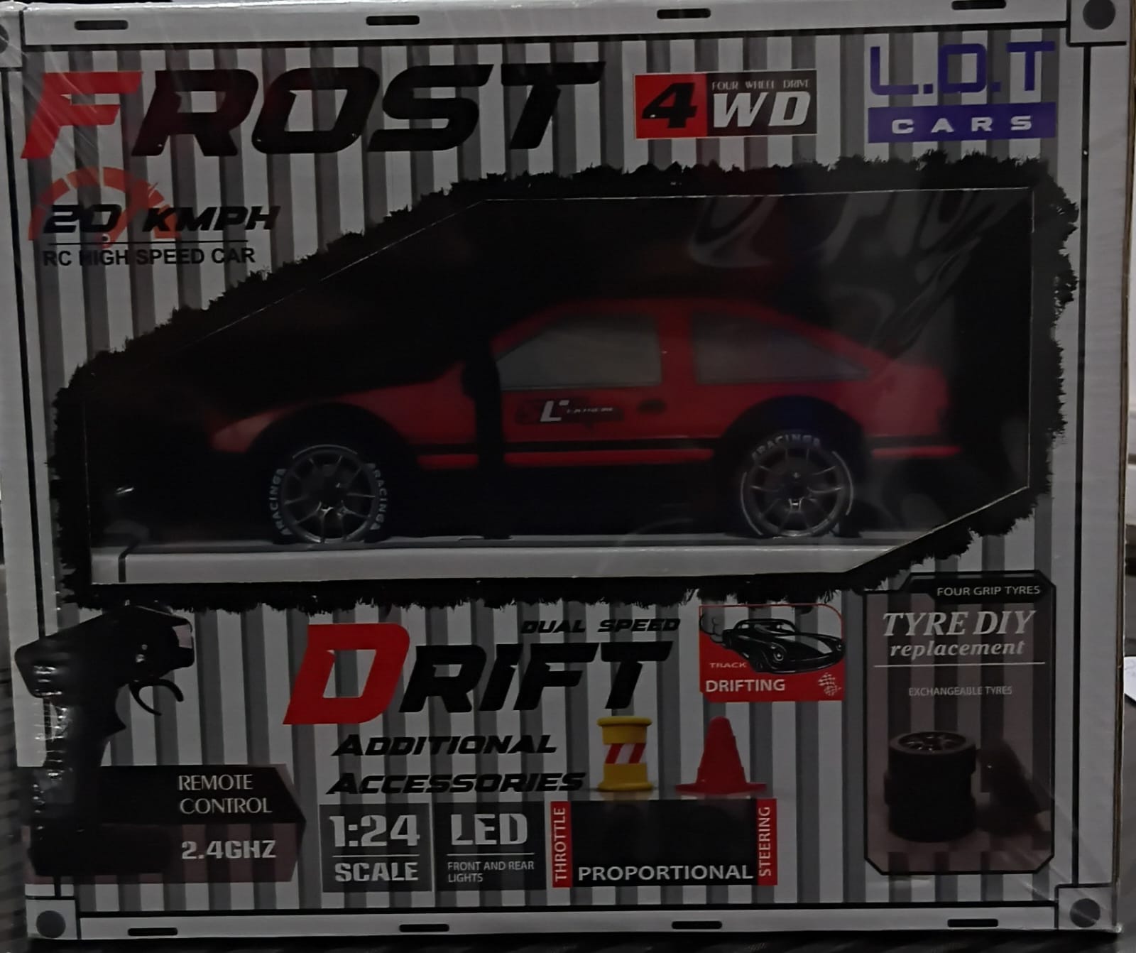 L.O.T 20 KMPH RC HIGH SPEED CAR FROST 4WD DUAL SPEED DRIFT ADDITIONAL ACCESSORIES REMOTE CONTROL 2.4GHZ / 1:24 SCALE LED FROST CAR (TYRE DIY REPLACEMENT) RED