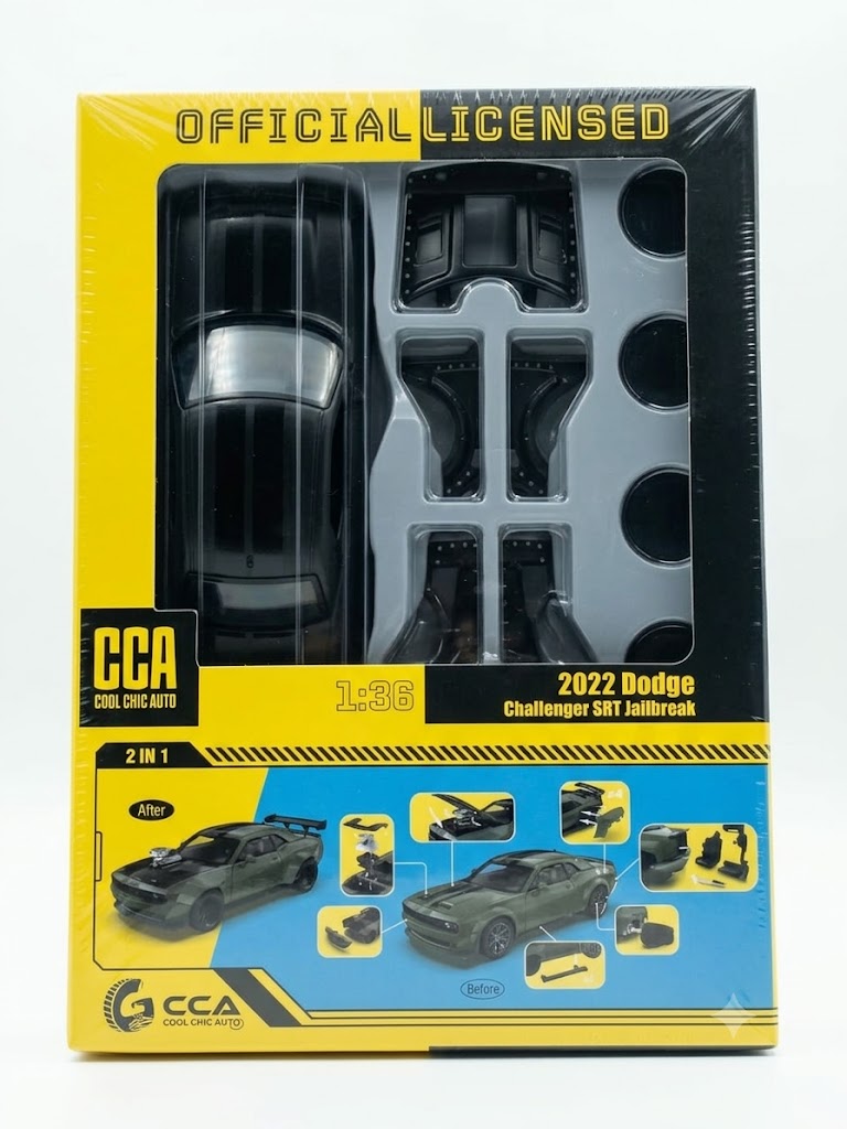 CCA 1:36 2022 DODGE CHALLERGE SRT JAILBREAK 2 IN 1 CAR TURNING DIE-CAST MODEL 88733 GREEN/BLACK
