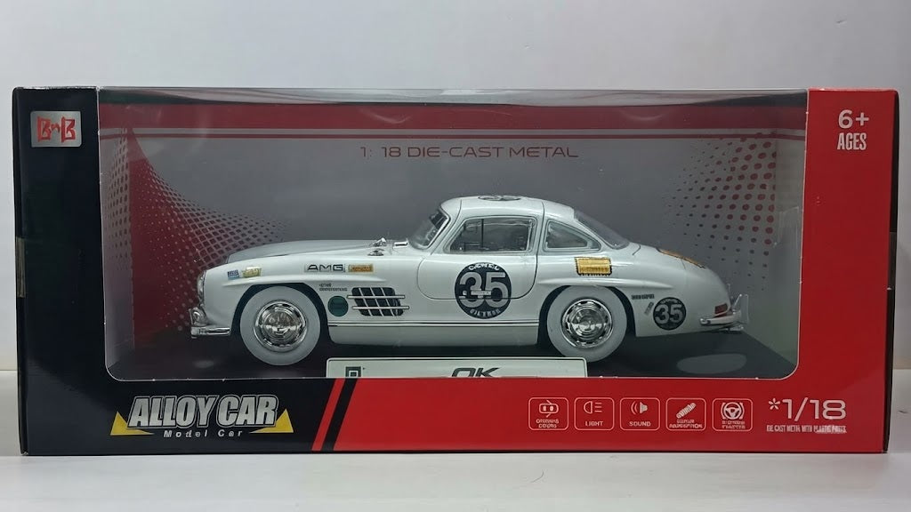 ALLOY CAR MERCEDES-BENZ 300SL AMG 35 1:18 OPENING DOORS AND LIGHT WITH SOUND FUNCTION DIE-CAST MODEL WHITE