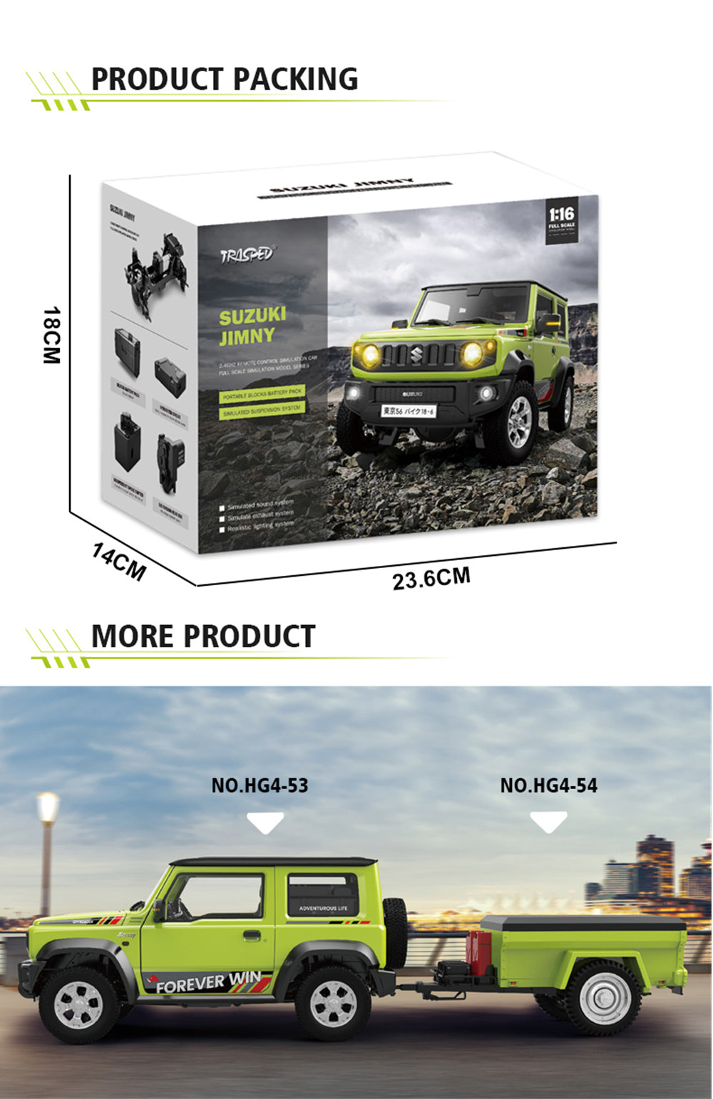 SUZUKI JIMNY HG4-210 RC CAR 1/16 4WD 2.4G LED LIGHT & TOWING HOOK OF THE TRAILER SKYBLUE