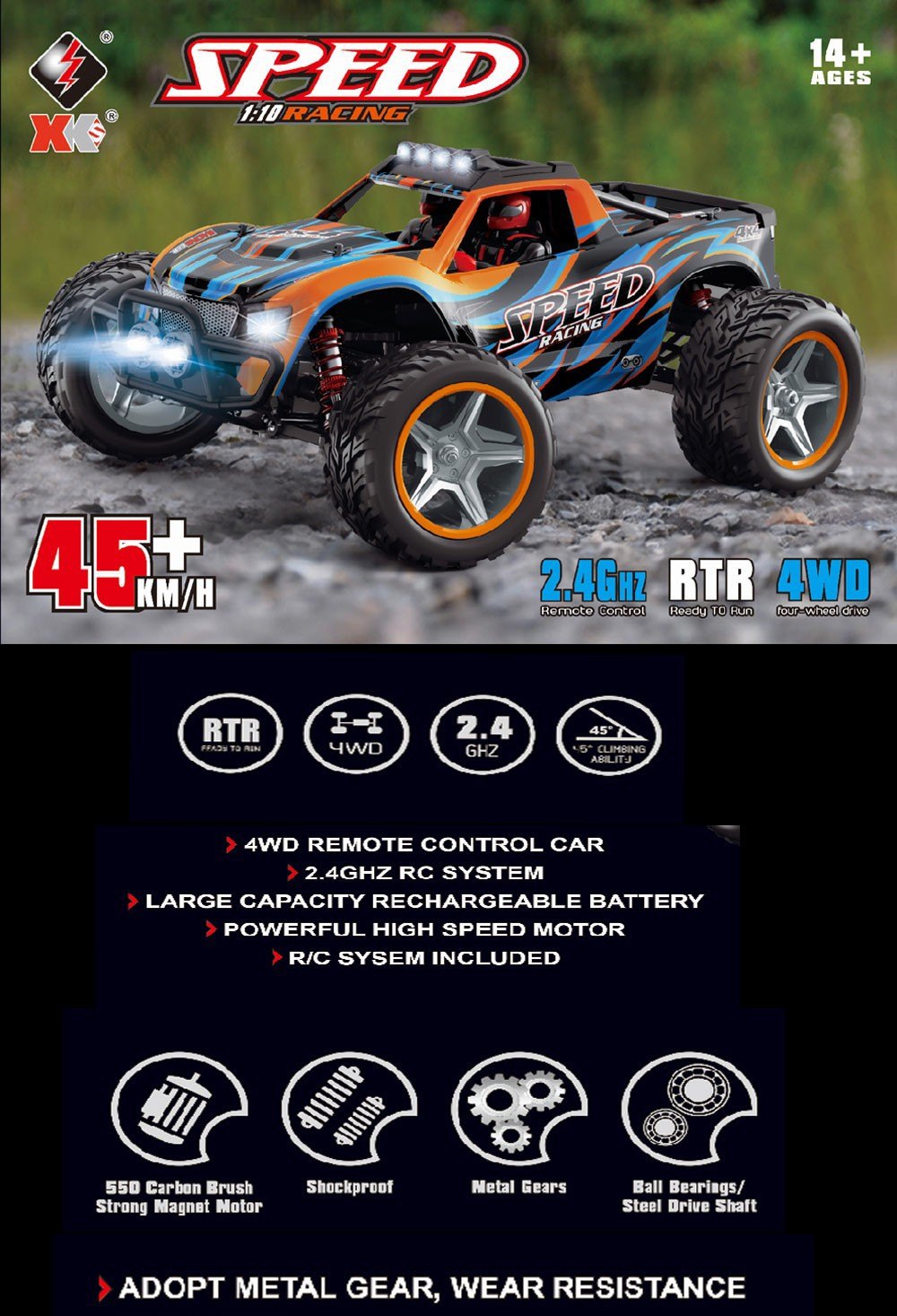 WLTOYS 104009 1:10 2.4G RACING RC CAR 45KM/H 4WD LARGE ALLOY ELECTRIC CRAWLER